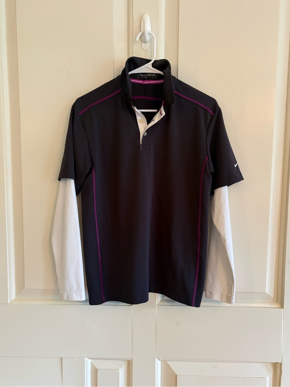 Nike Golf - Navy Blue Polo with White Integrated Long Sleeves and Purple piping